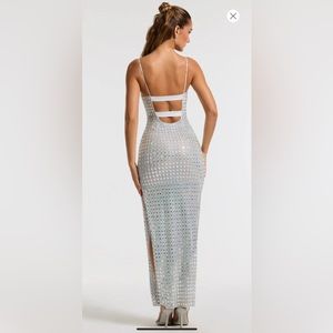 Embellished Square Neck Evening Gown in Silver